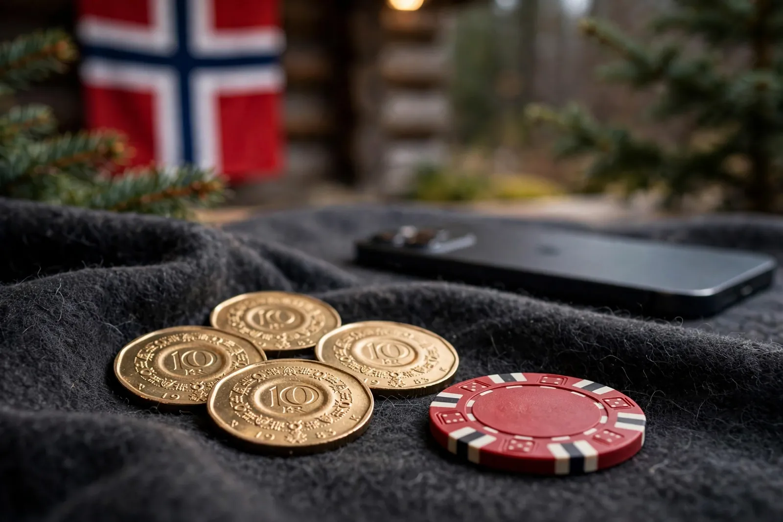 Norske tikroners mynter og en rød casinobrikke på filtunderlag