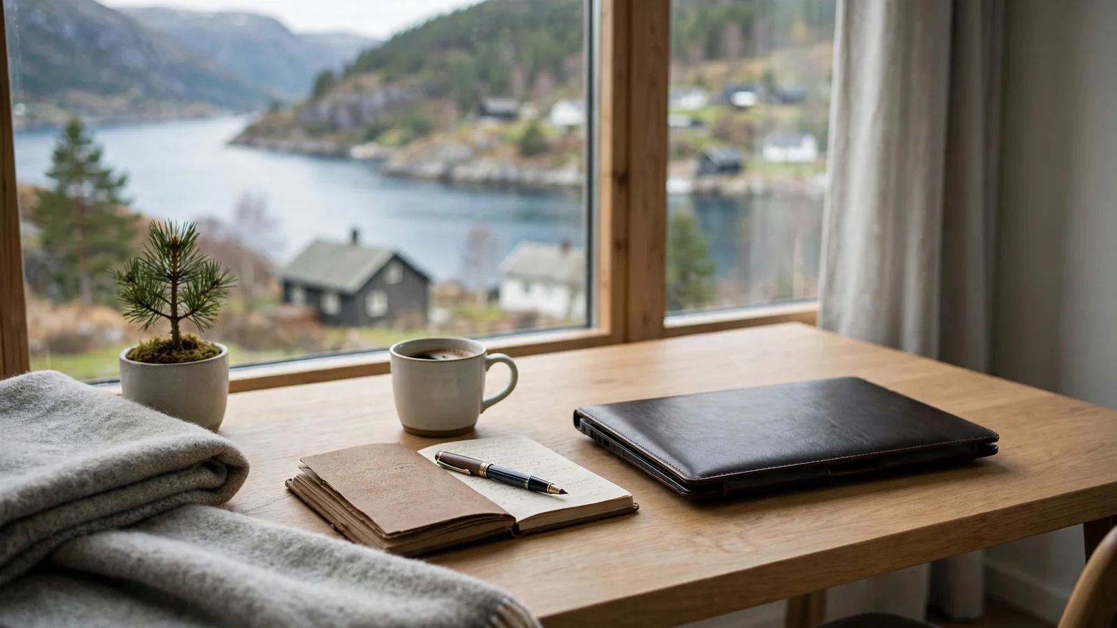 Skandinavisk hjemmekontor med notatbok, penn og lukket bærbar PC ved et fjordvindu.