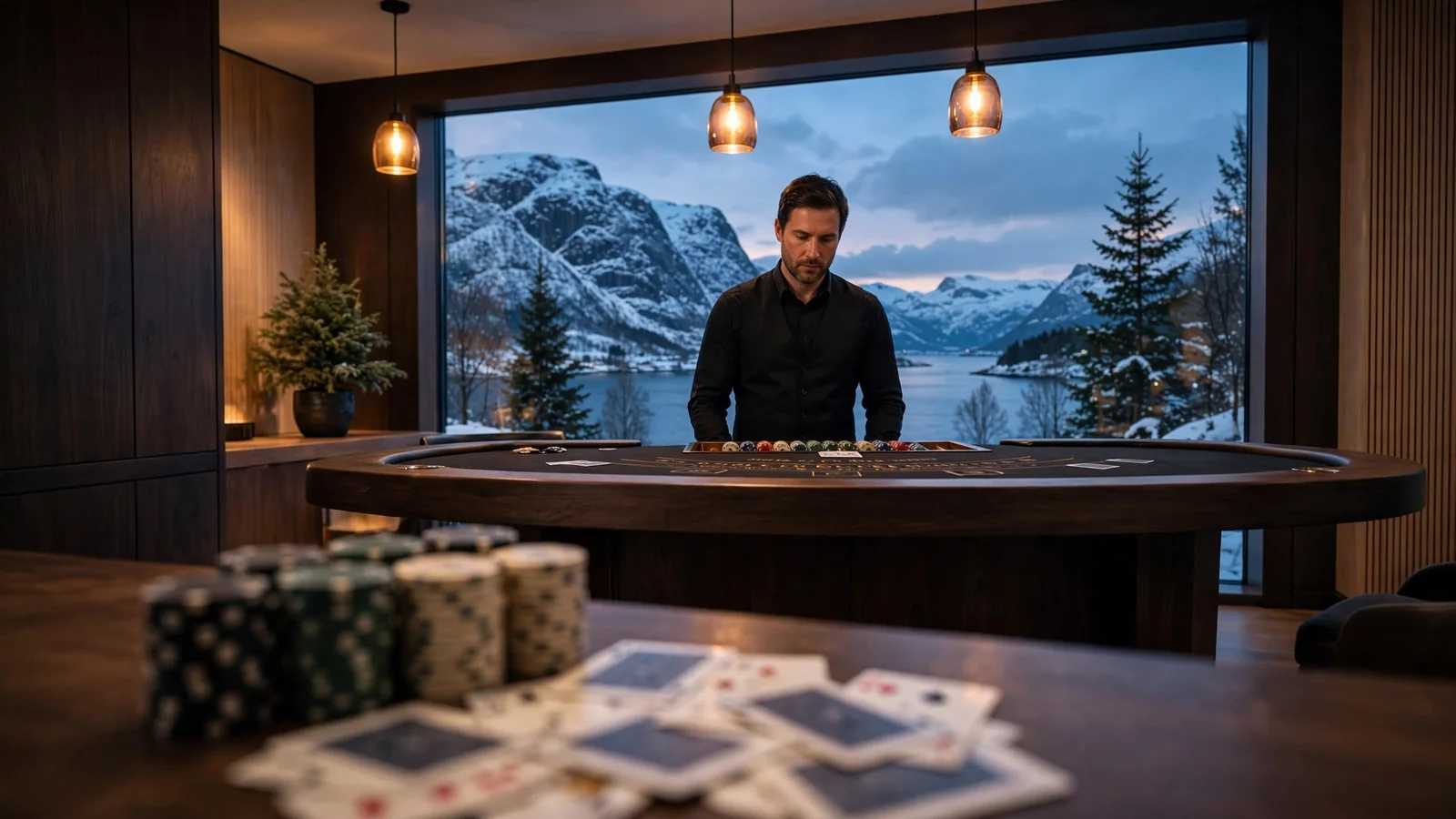 Blackjack-bord i moderne norsk casinointeriør med fjordutsikt