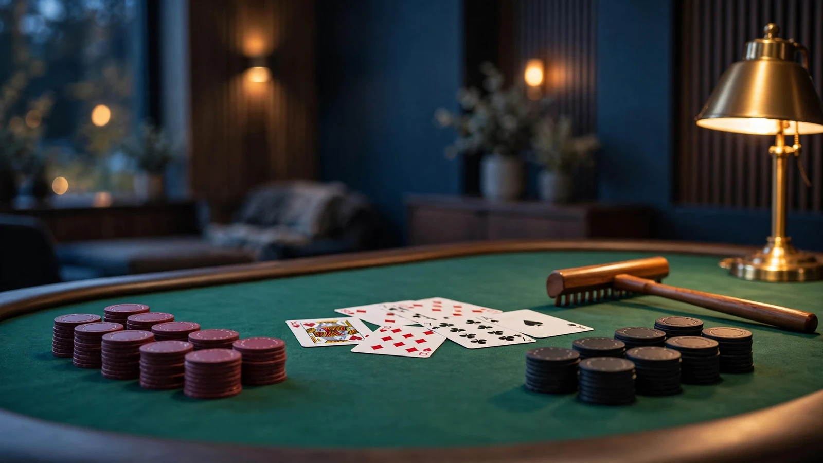 Elegant blackjackbord med jetonger og kort i et sofistikert skandinavisk casinointeriør