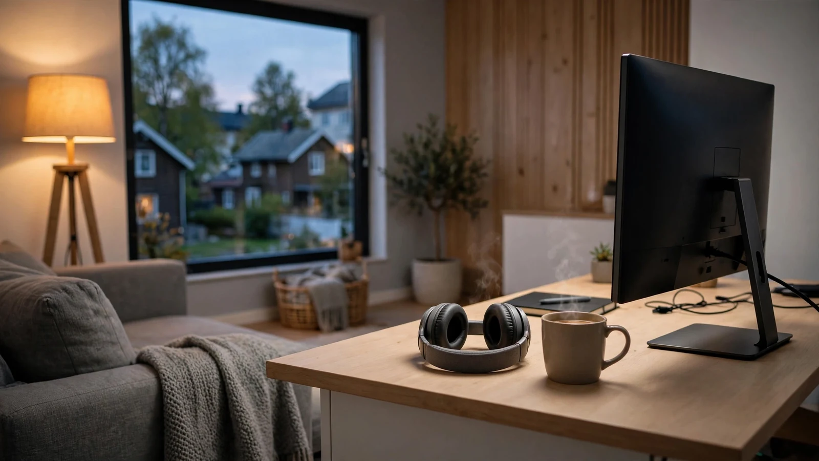 Koselig norsk stue med en skjerm vendt bort og hodetelefoner på et minimalistisk skrivebord