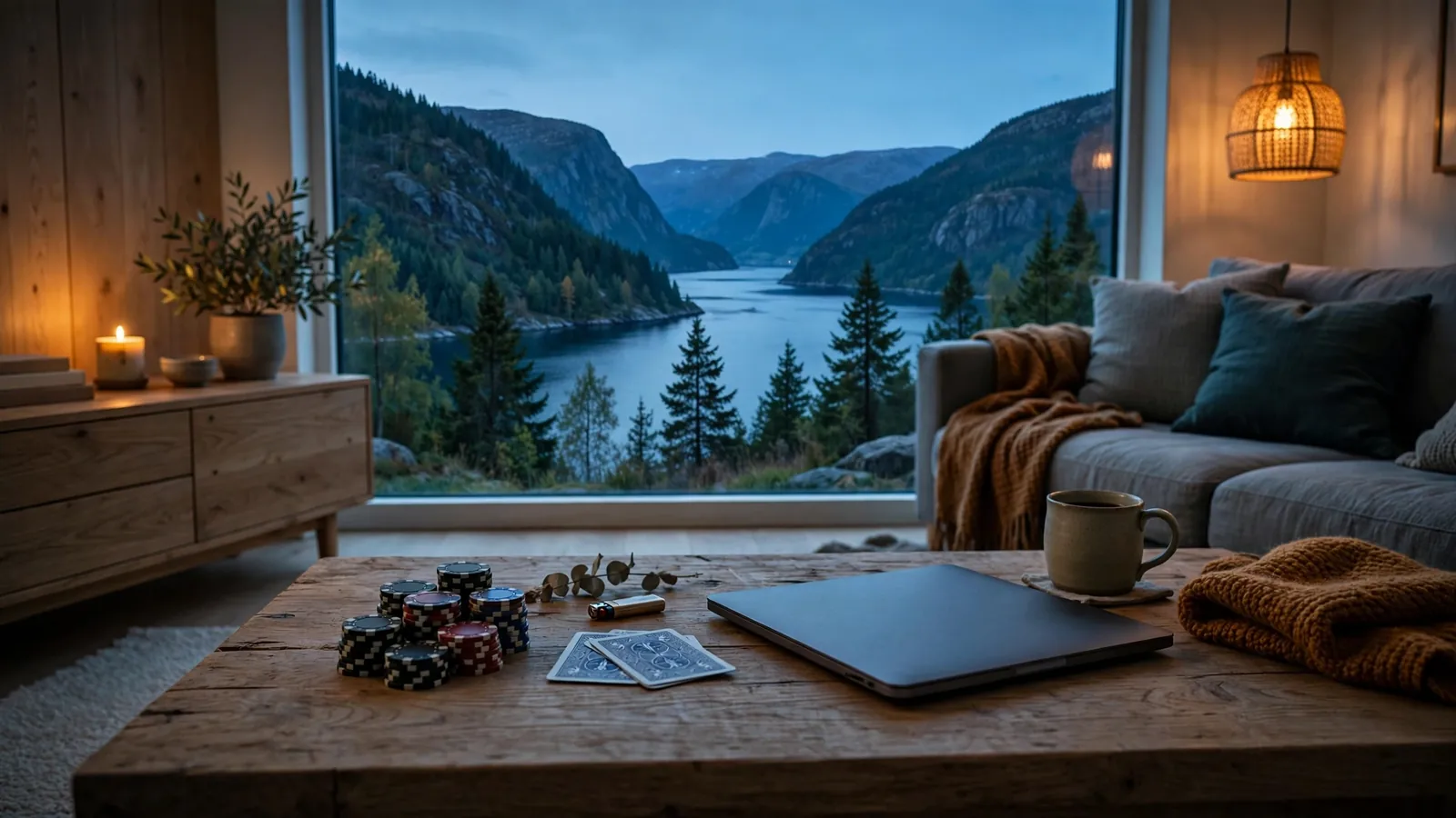 Kveldsstemning i norsk stue med pokerjetonger og lukket laptop