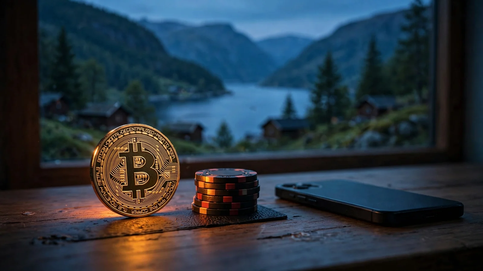 Bitcoin-mynt og casinobrikker på et norsk skrivebord