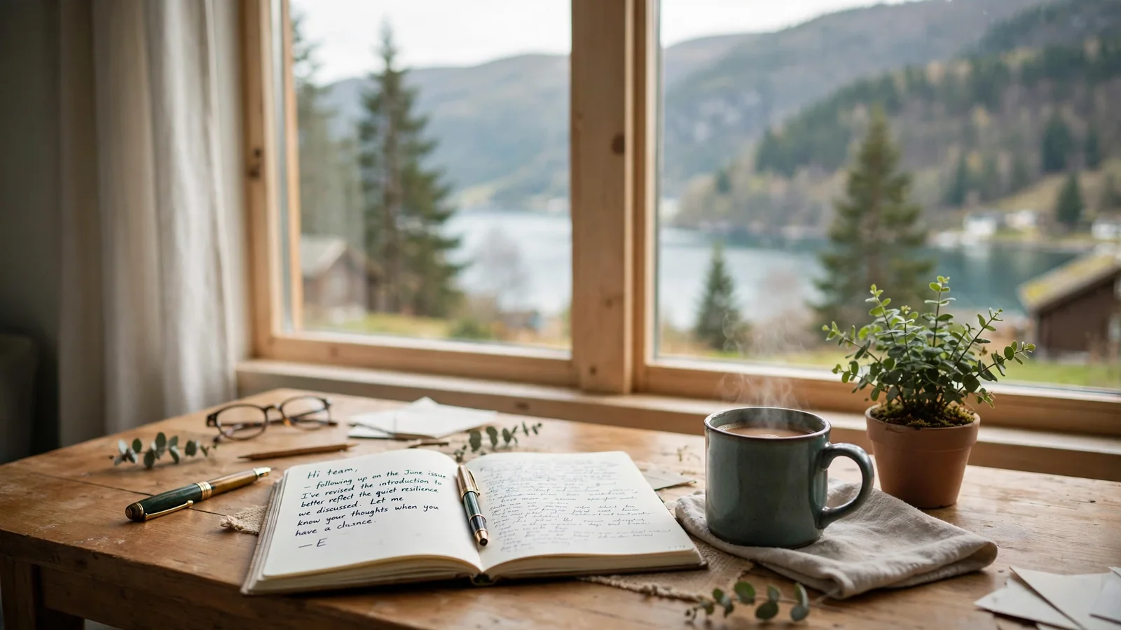 Norsk hjemmekontor ved skrivebord med kaffekopp og notatbok ved fjordvindu