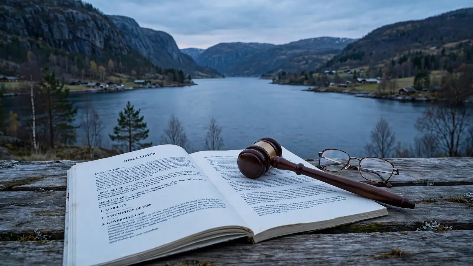 Norsk fjordlandskap med juridisk dokument og dommerhammer som symbol på ansvarsfraskrivelse