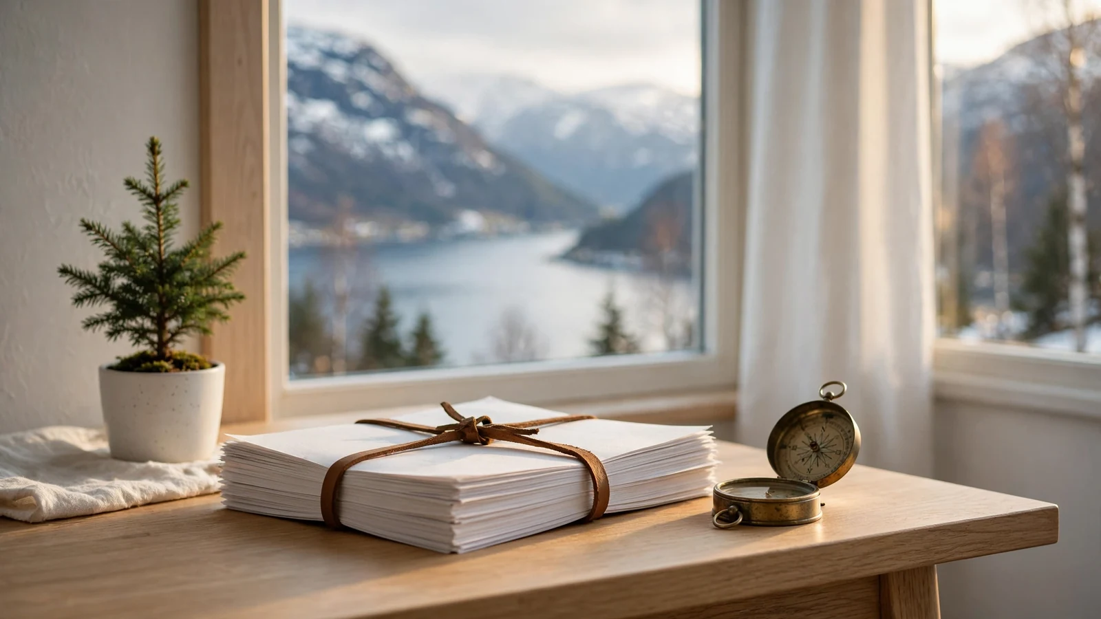 Stablede juridiske dokumenter på et skandinavisk skrivebord med utsikt over en norsk fjord