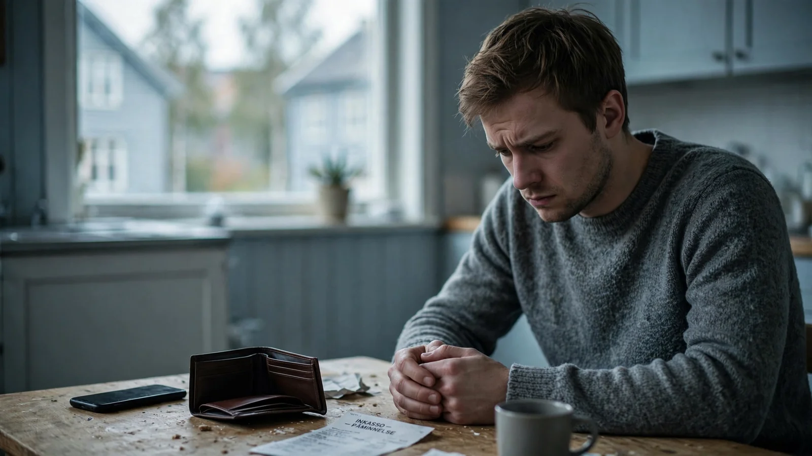 En ensom mann ved et bord med en telefon med skjermen ned