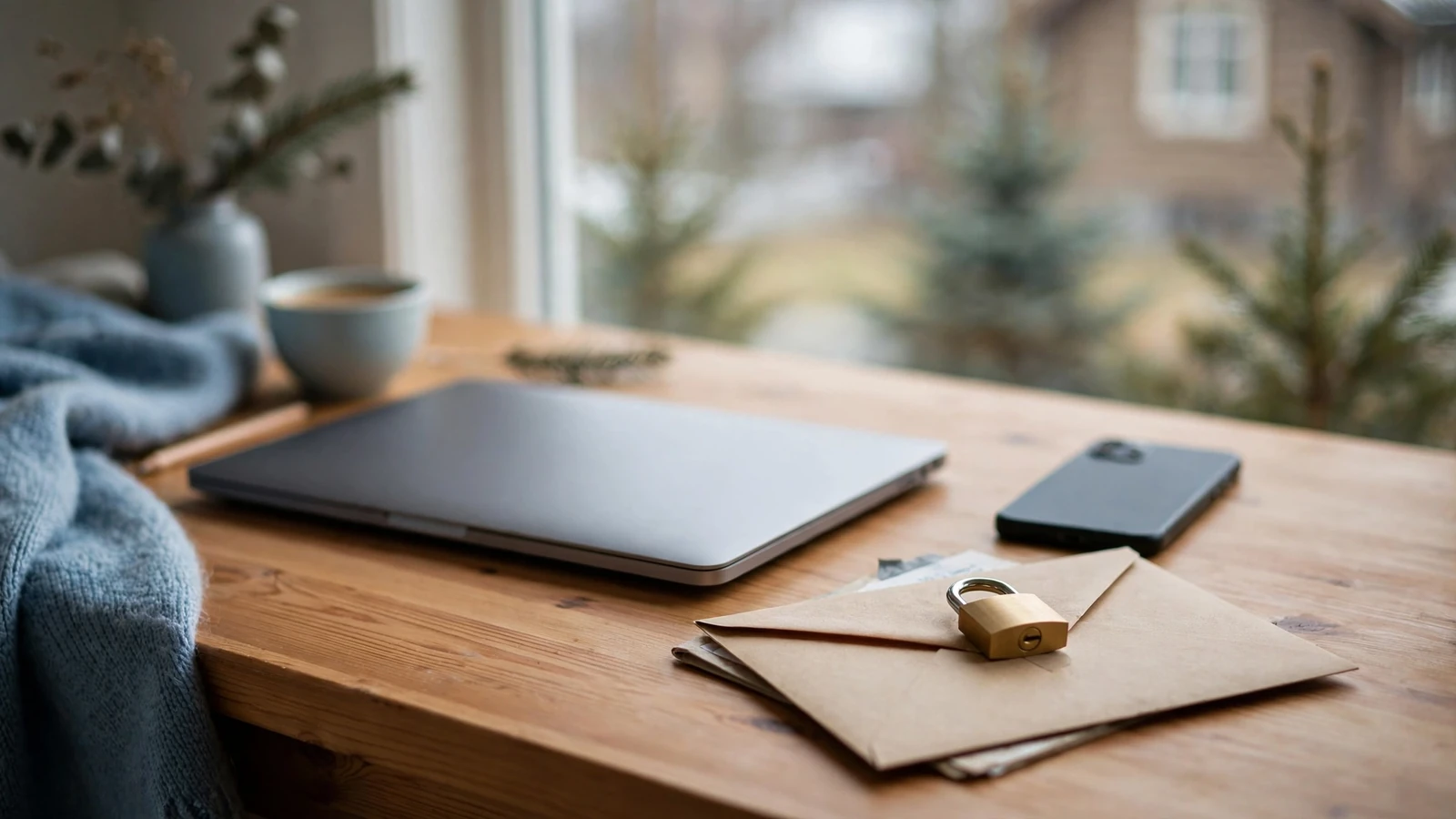 Lukket laptop og forseglet konvolutt med hengelås på et norsk skrivebord.